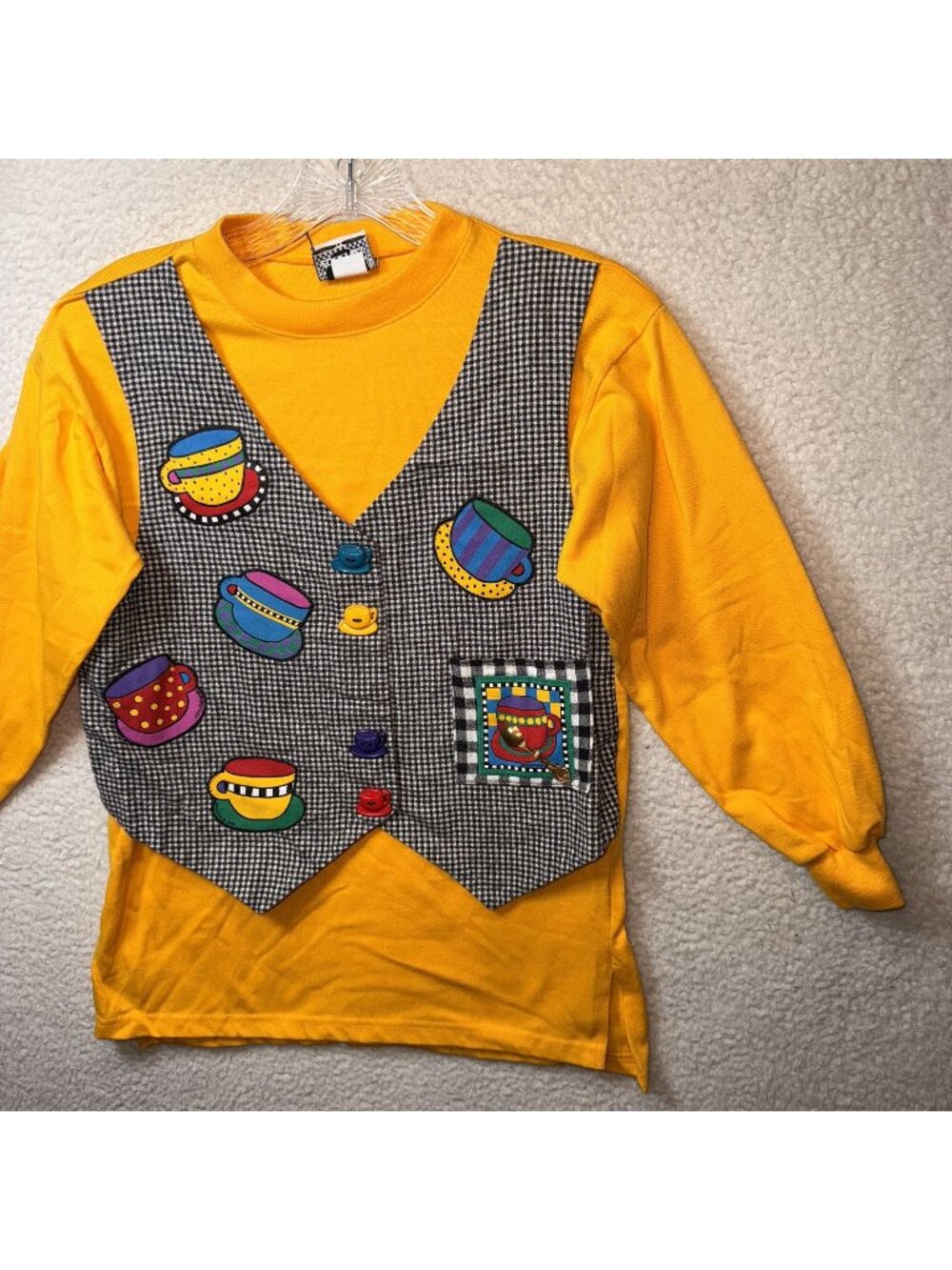 Vintage Zoodles Kids Yellow Shirt Gingham Vest & Colorful Teacup Size 7/8 Rare